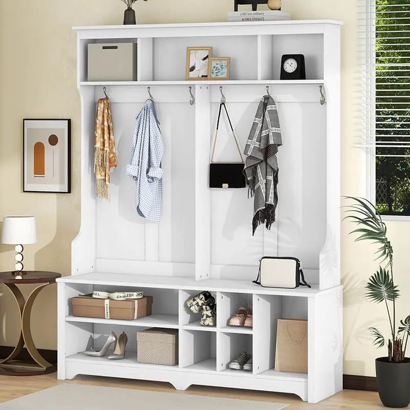 60" Multifunctional White Hallway Hall Tree with Metal Hook and Shoe cubbies